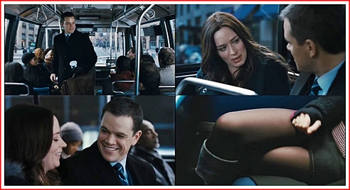 Elise (Emily Blunt) : Were you just staring at my legs? David (Matt Damon): I was defenseless against the dress...